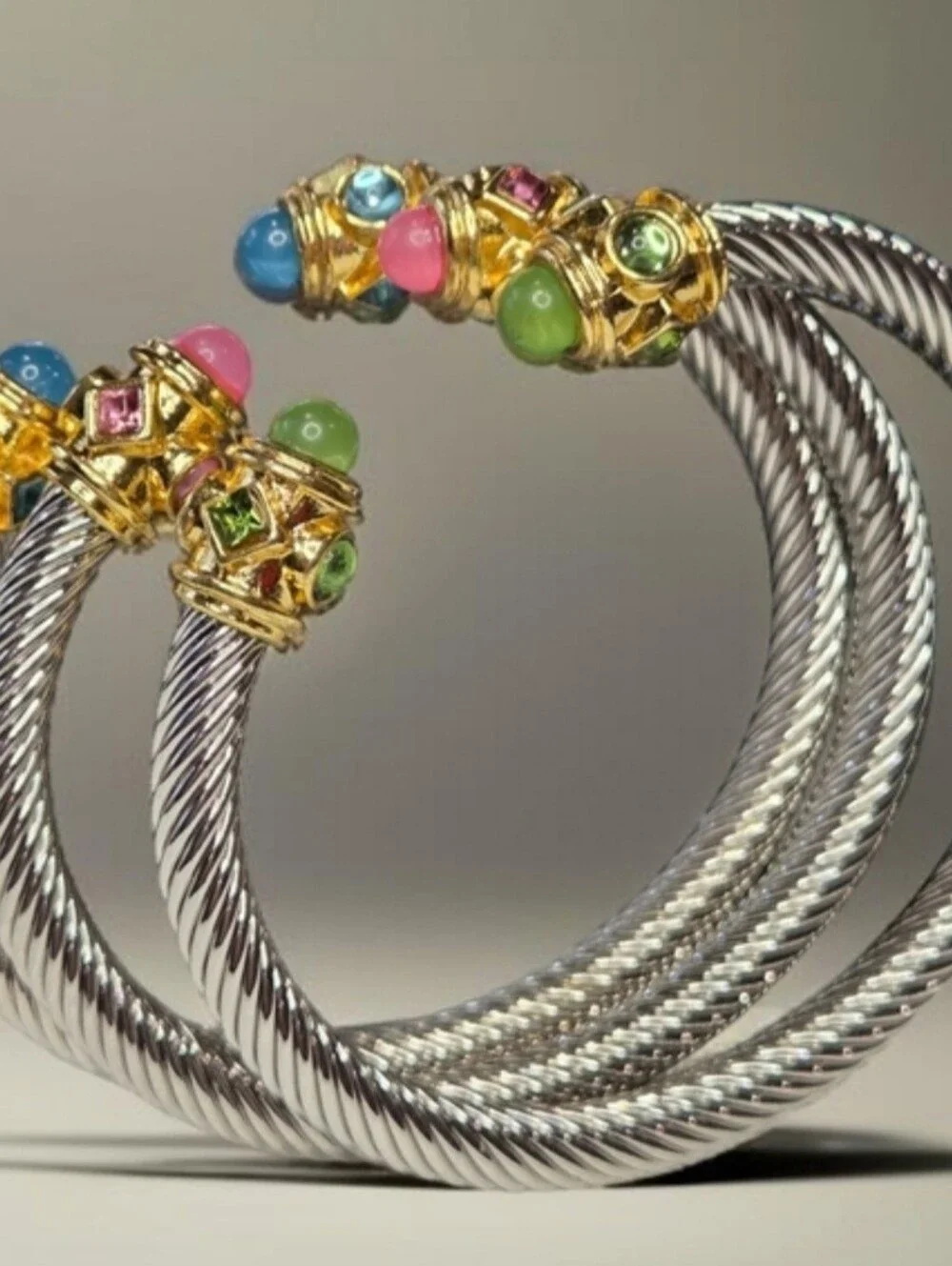 Luxury 18k Gold Plated 2 Tone Silver Twisted Cable Pastel Pink Crystal Bracelet